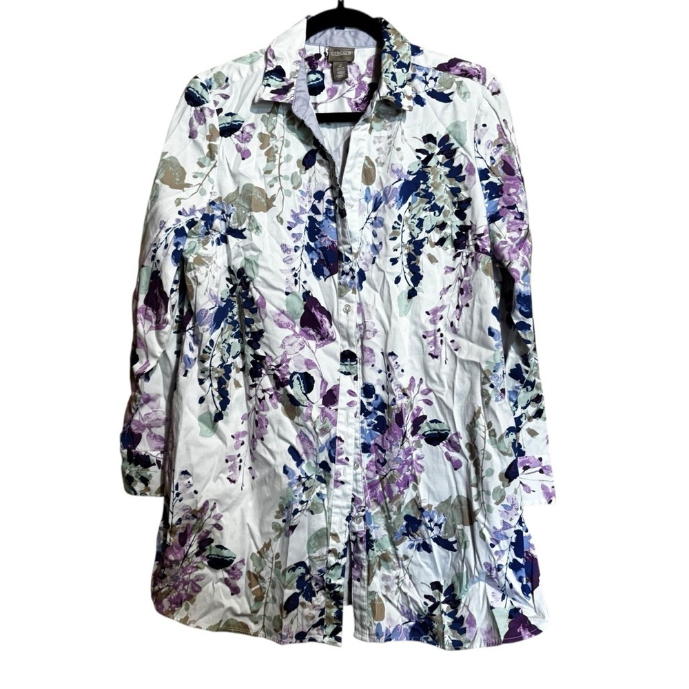 Chicos Top Women Large Multicolor Floral Cotton Blend Collared Button Up Blouse